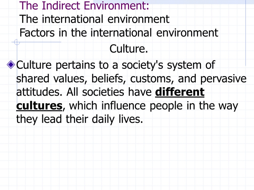 The Indirect Environment: The international environment Factors in the international environment Culture. Culture pertains